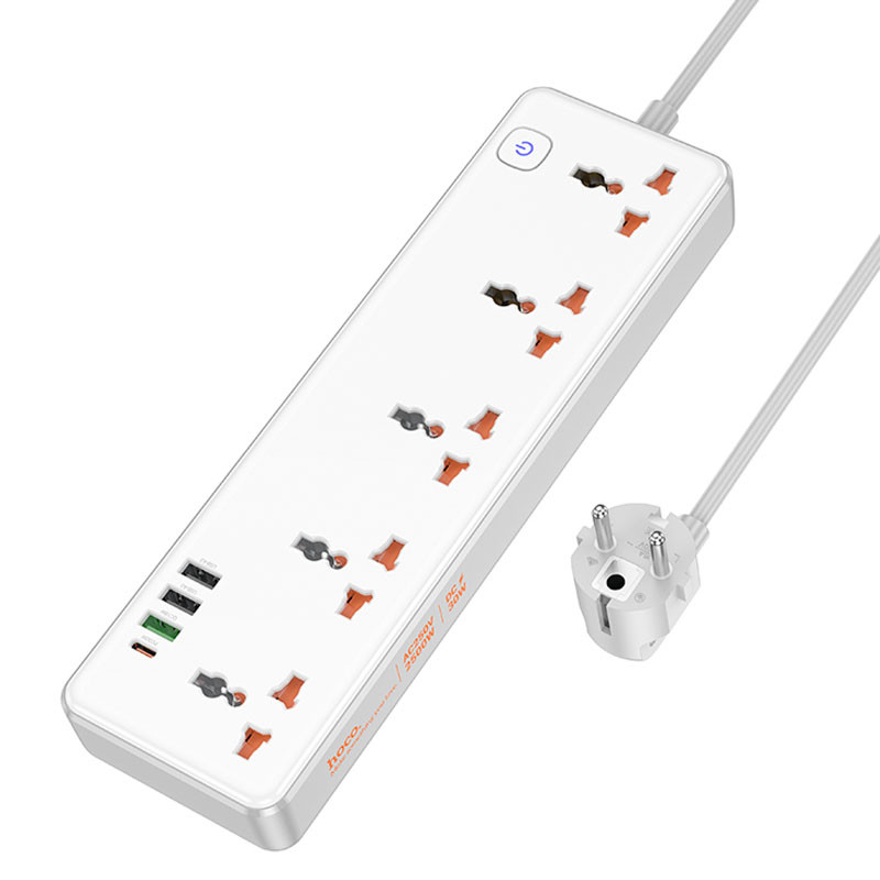 Подовжувач Hoco AC14A Rico PD 30W (3×USB-A / 1×USB-C/5xSocket) (1.5 м) White