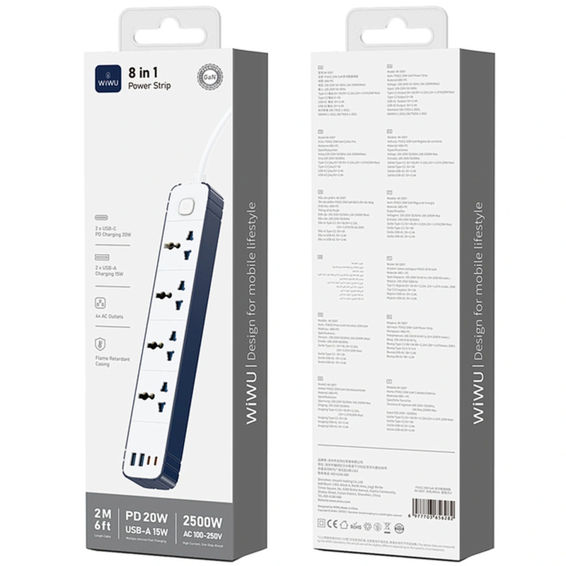 Подовжувач WIWU S007 Power Strip PD 20W (2×USB-A / 2×USB-C/4xSocket) (2 м) White