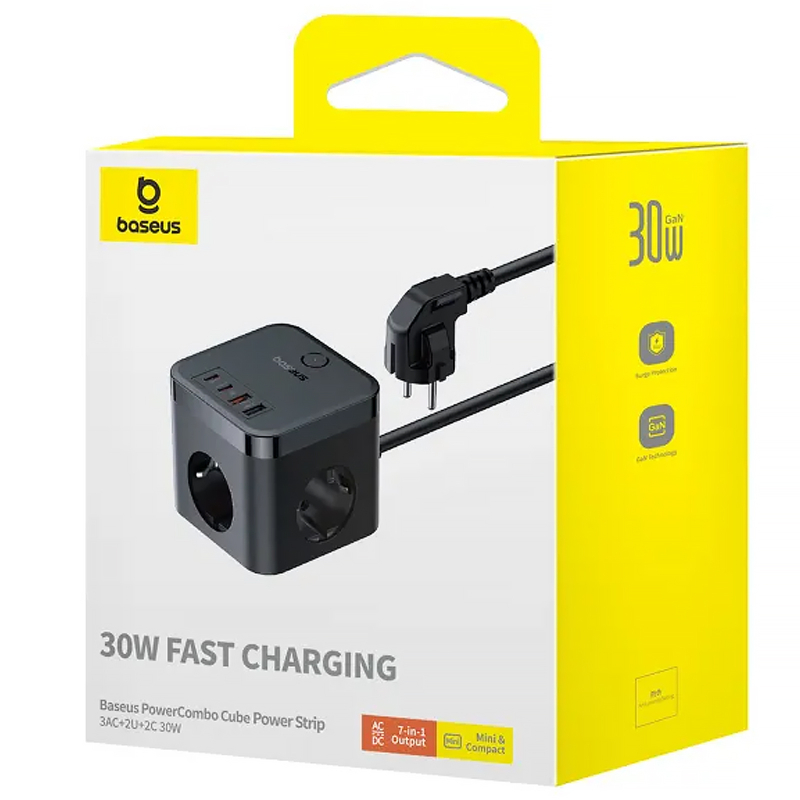 Подовжувач Baseus PowerCombo PD 30W + QC 3.0 (2×USB-A / 2×USB-C/2Socket) (1.5 м) (BPS30) Cluster Black