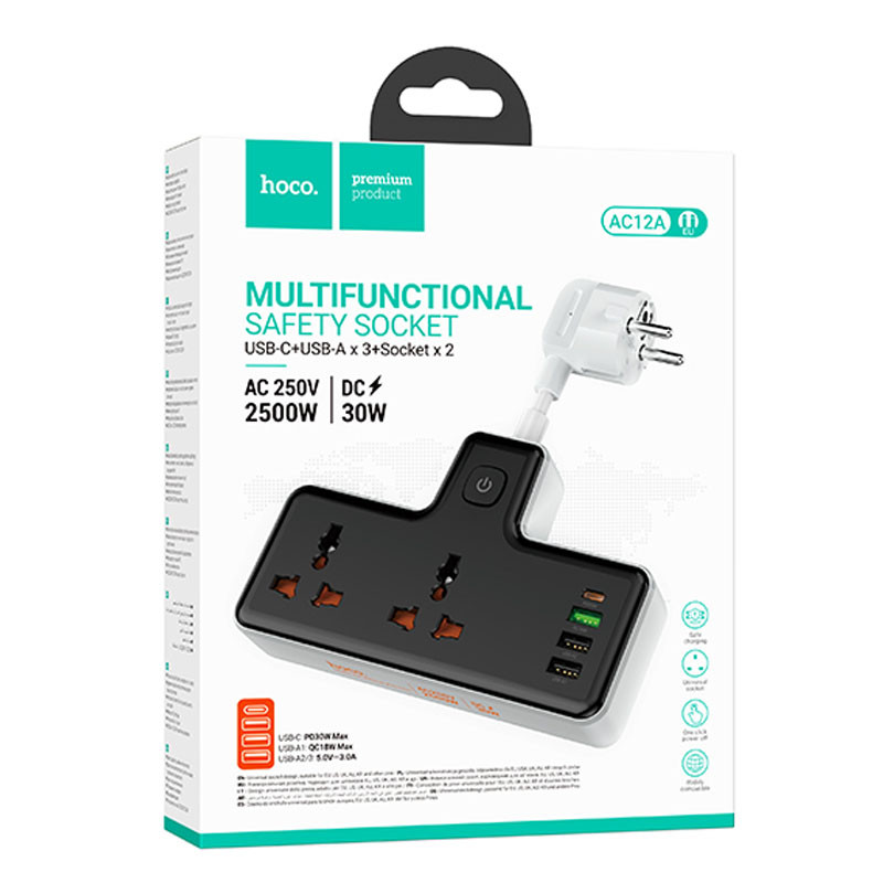 Подовжувач Hoco AC12A Reise (PD 30W/1C3A) + Socket Black