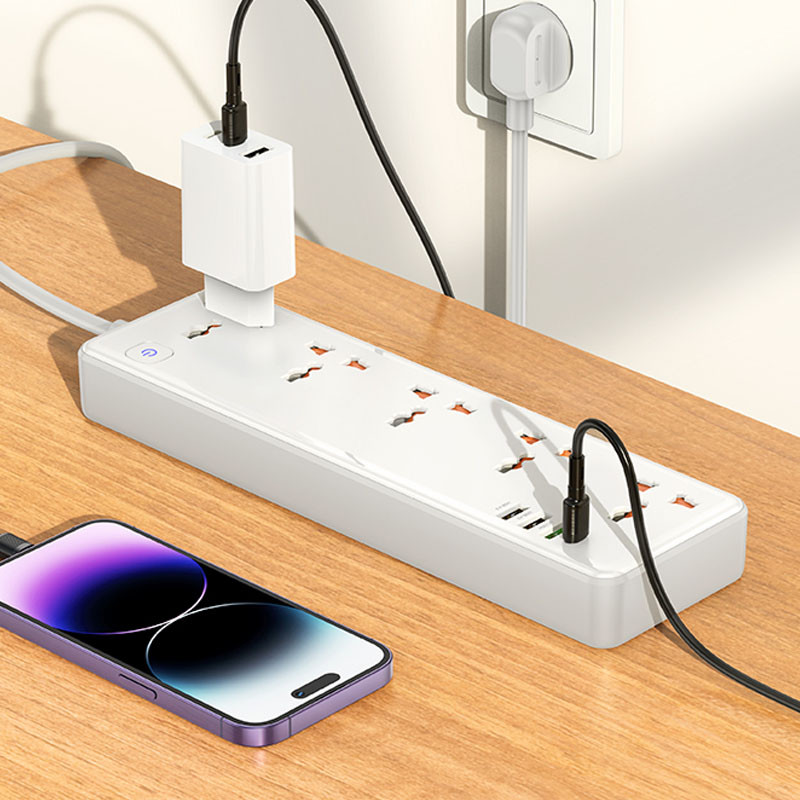 Подовжувач Hoco AC14A Rico PD 30W (3×USB-A / 1×USB-C/5xSocket) (1.5 м) White
