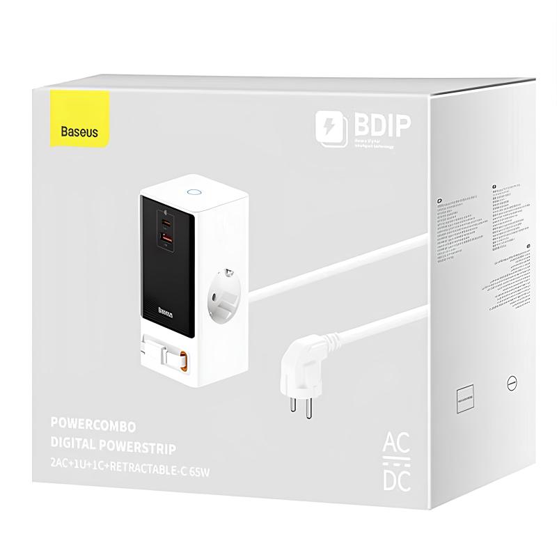 Подовжувач Baseus OS PowerCombo PD 65W + QC 3.0 (1×USB-A / 2×USB-C/2Socket) (1.5 м) (PSLR000) Glacier White