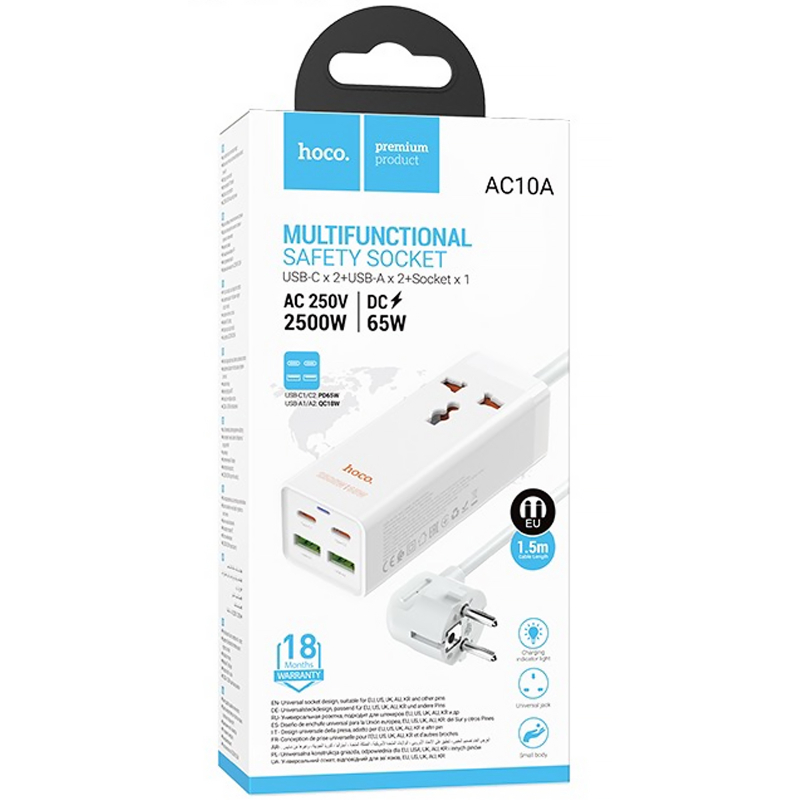 Подовжувач Hoco AC10A Talent PD 65W + QC 3.0 (2×USB-A / 2×USB-C/1xSocket) (1.5 м) White