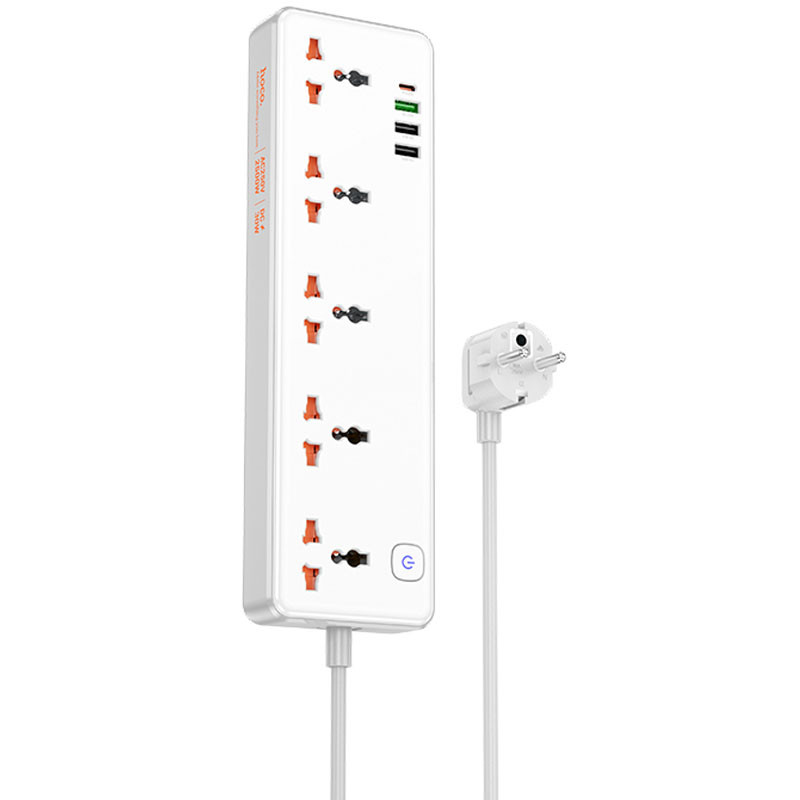 Подовжувач Hoco AC14A Rico PD 30W (3×USB-A / 1×USB-C/5xSocket) (1.5 м) White