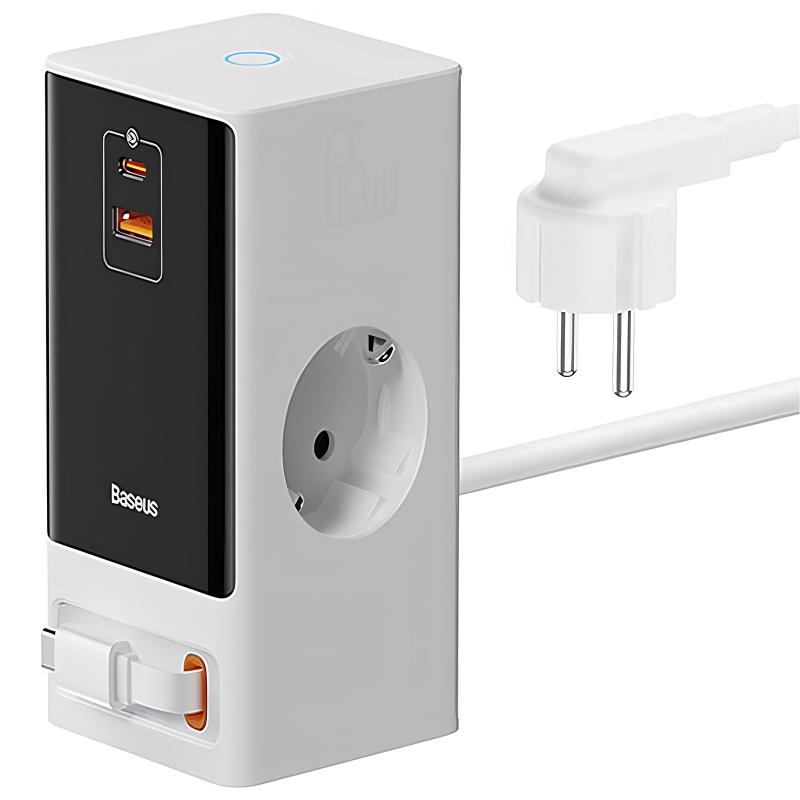 Подовжувач Baseus OS PowerCombo PD 65W + QC 3.0 (1×USB-A / 2×USB-C/2Socket) (1.5 м) (PSLR000) Glacier White