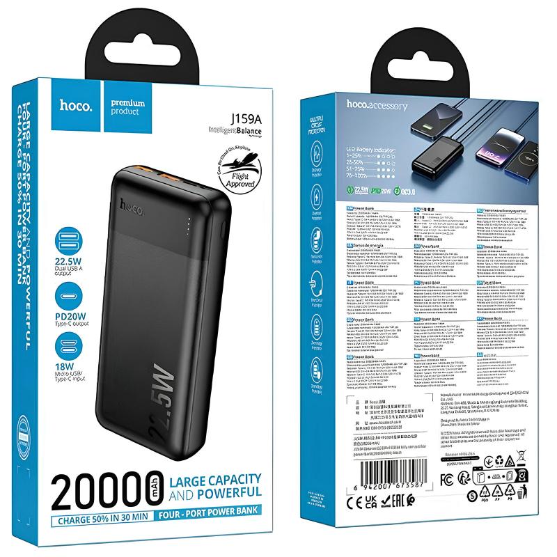 Портативний Захисна плівка Power Bank Hoco J159A Essence 22.5W + PD 20W 20000 mAh Black