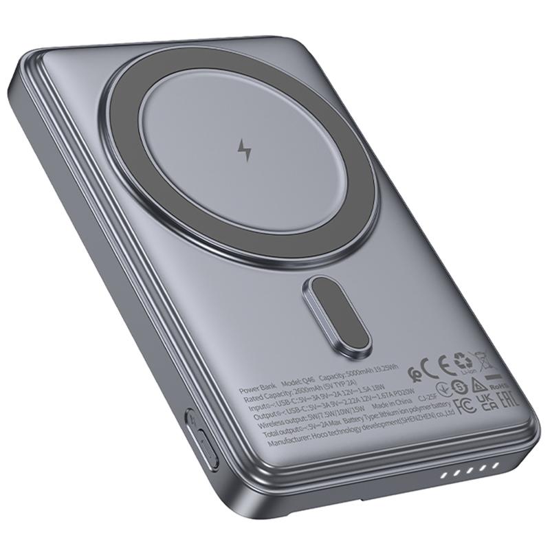 Портативний Захисна плівка Power Bank Hoco Q46 Title PD 20W з Бездротовий зарядний пристрій + card holder 5000 mAh Silver gray