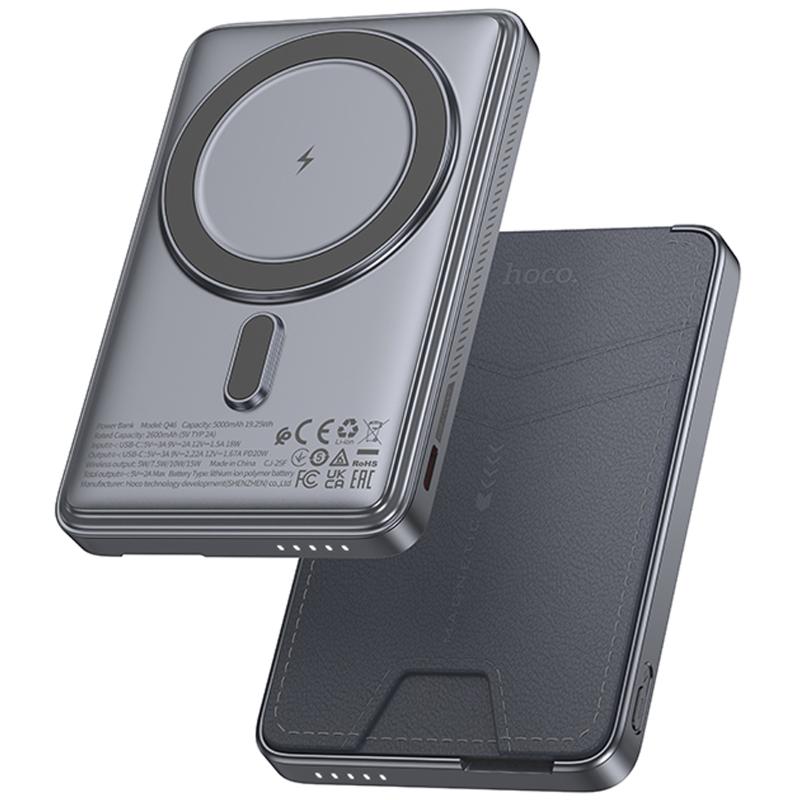 Портативний Захисна плівка Power Bank Hoco Q46 Title PD 20W з Бездротовий зарядний пристрій + card holder 5000 mAh Silver gray