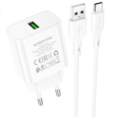 Мережевий зарядний пристрій Borofone BA72A Spring QC 3.0 (1×USB-A) + кабель USB to USB-C