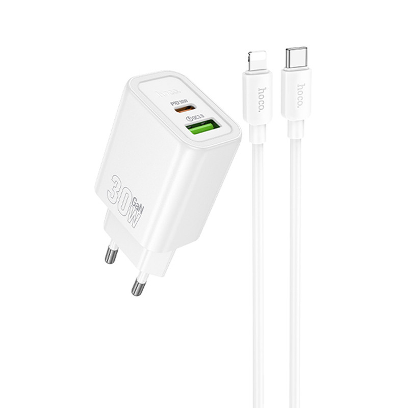 Мережевий зарядний пристрій Hoco N63 Gentle PD 30W + QC 3.0 (1×USB-A / 1×USB-C) + кабель USB-C → Lightning