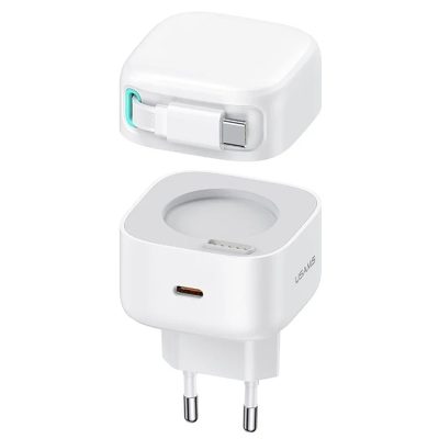 Мережевий зарядний пристрій Usams US-CC202 GaN With USB-C Magnetic Retractable Cable Module XMF Ser. 35W (2×USB-C)