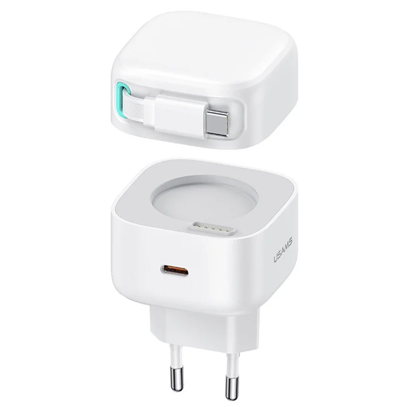 Мережевий зарядний пристрій Usams US-CC202 GaN With USB-C Magnetic Retractable Cable Module XMF Ser. 35W (2×USB-C)