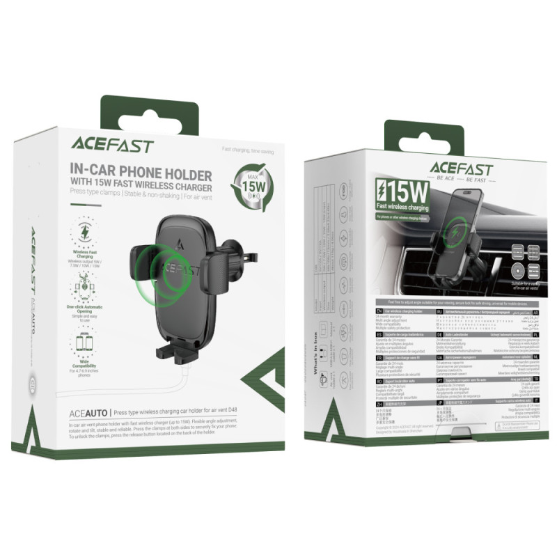 Автотримач з Бездротовий зарядний пристрій Acefast D48 Air Vent 15W (air outlet) Black
