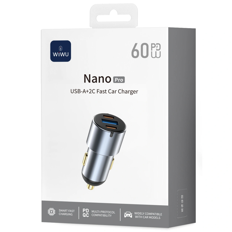 Автомобільний зарядний пристрій WIWU CC032 Nano Pro PD 60W + QC 3.0 (1×USB-A / 2×USB-C) Gray