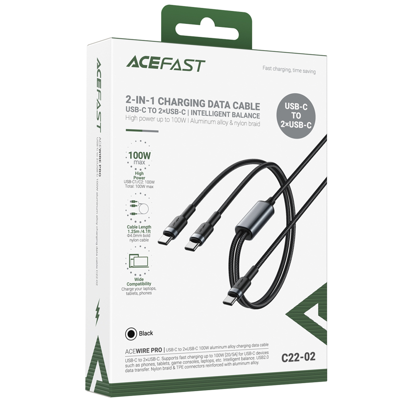 Дата кабель Acefast C22-02 2in1 USB-C → USB-C/USB-C 100W (1.2 м) Black
