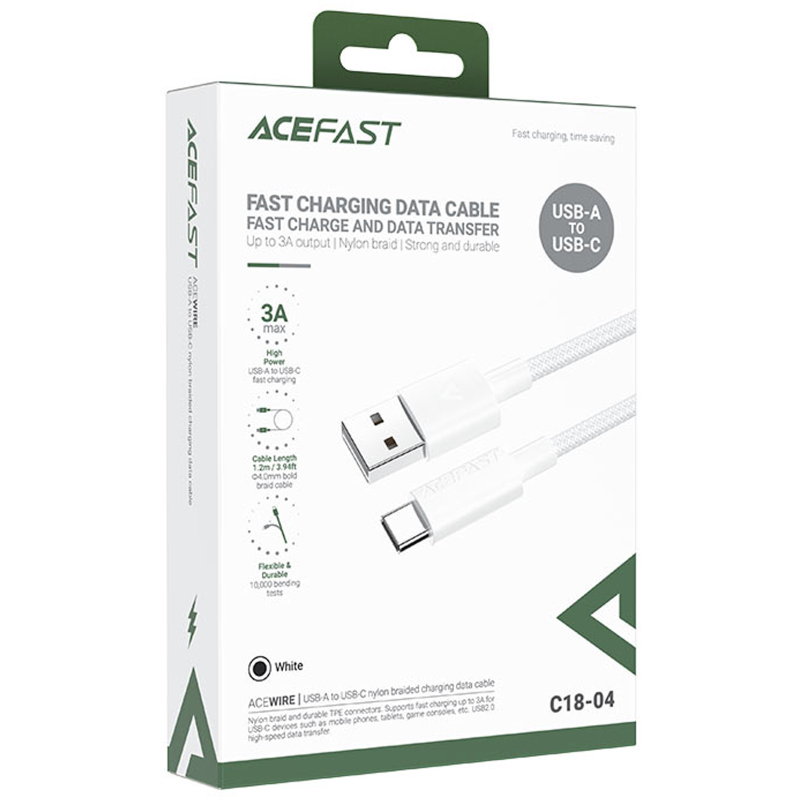 Дата кабель Acefast C18-04 USB to USB-C 3 А (1.2 м) White