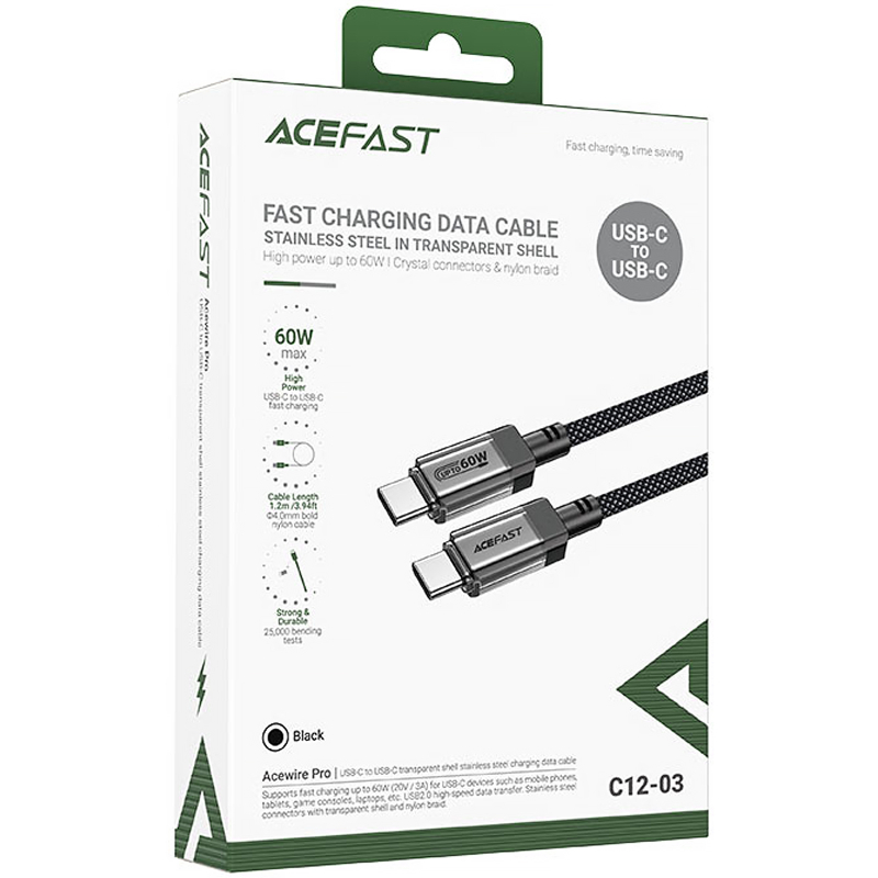 Дата кабель Acefast C12-03 USB-C → USB-C 60W (1.2 м) Black