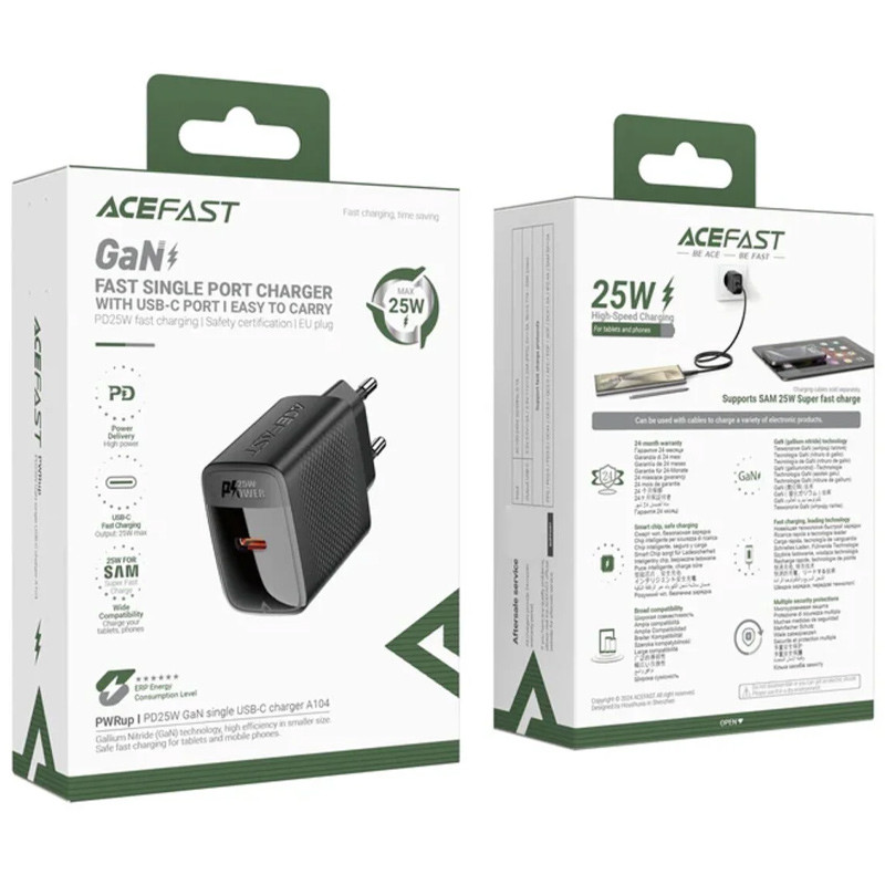 Мережевий зарядний пристрій Acefast A104 GaN PD 25W (1×USB-C) Black