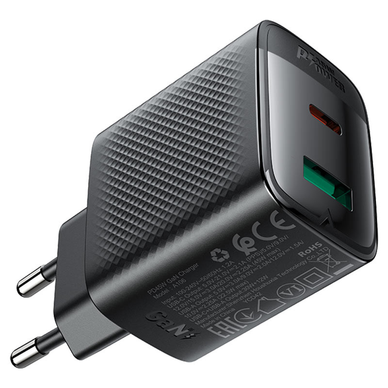 Мережевий зарядний пристрій Acefast A106 GaN PD 45W (1×USB-A / 1×USB-C) Black