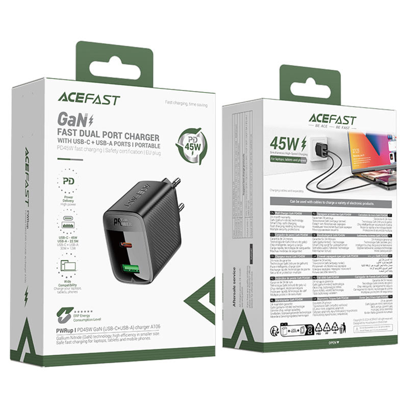Мережевий зарядний пристрій Acefast A106 GaN PD 45W (1×USB-A / 1×USB-C) Black