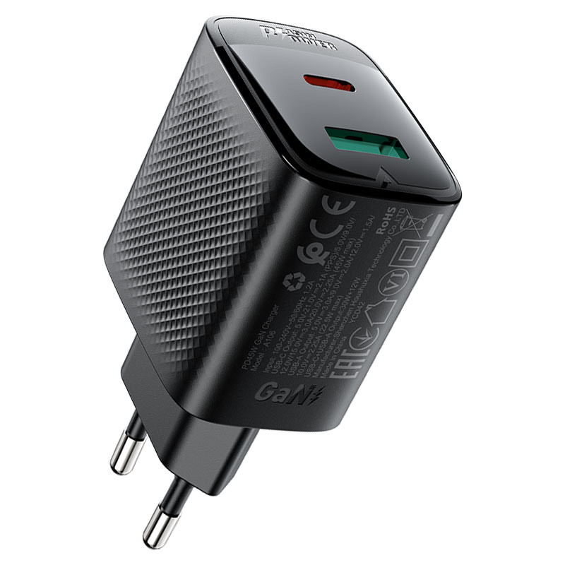 Мережевий зарядний пристрій Acefast A106 GaN PD 45W (1×USB-A / 1×USB-C) Black