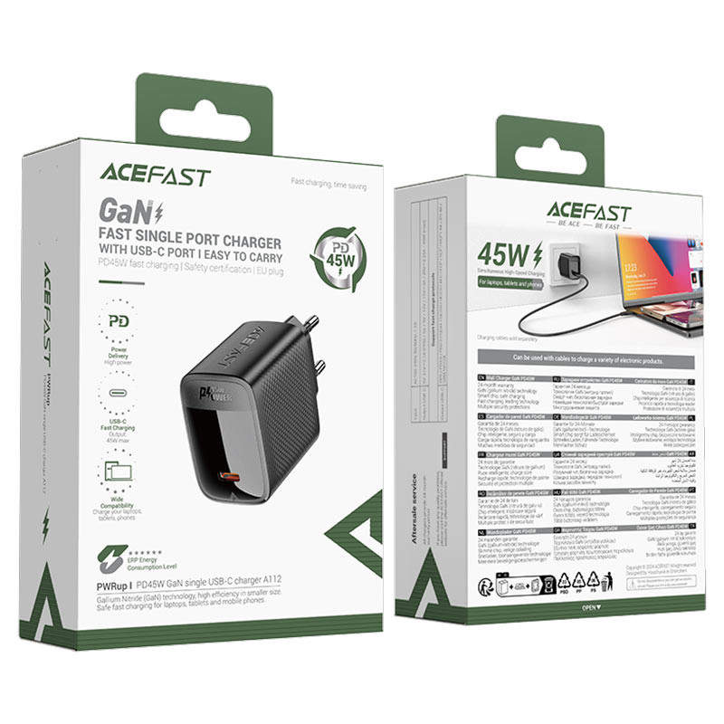 Мережевий зарядний пристрій Acefast A112 GaN PD 45W (1×USB-C) Black