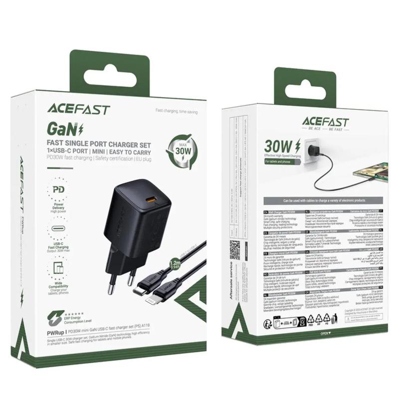 Мережевий зарядний пристрій Acefast A118 PD 30W GaN (1×USB-C) + кабель USB-C → Lightning Black