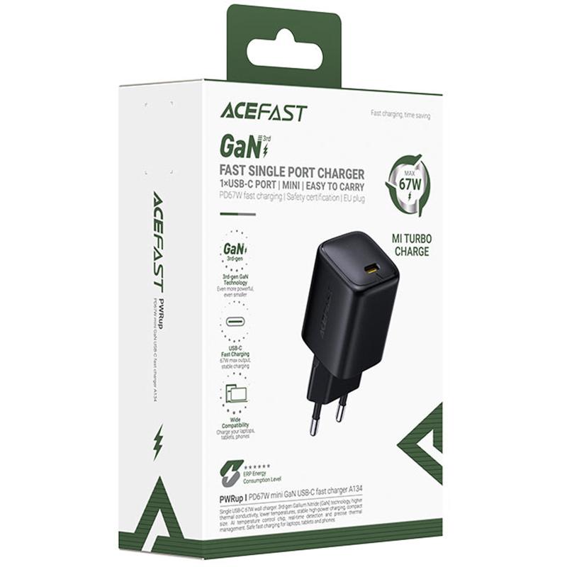 Мережевий зарядний пристрій Acefast A134 PD 67W GaN (1×USB-C) Black
