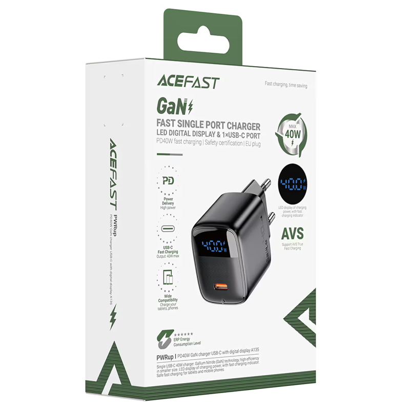 Мережевий зарядний пристрій Acefast A135 PD 40W GaN (1×USB-C) Black