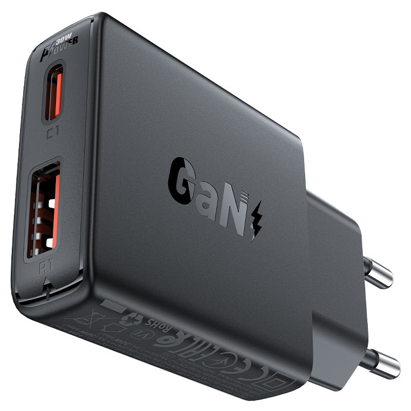 Мережевий зарядний пристрій Acefast A69 PD 30W GaN (USB-C + USB-A) Black