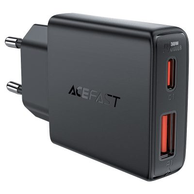 Мережевий зарядний пристрій Acefast A69 PD 30W GaN (USB-C + USB-A) Black