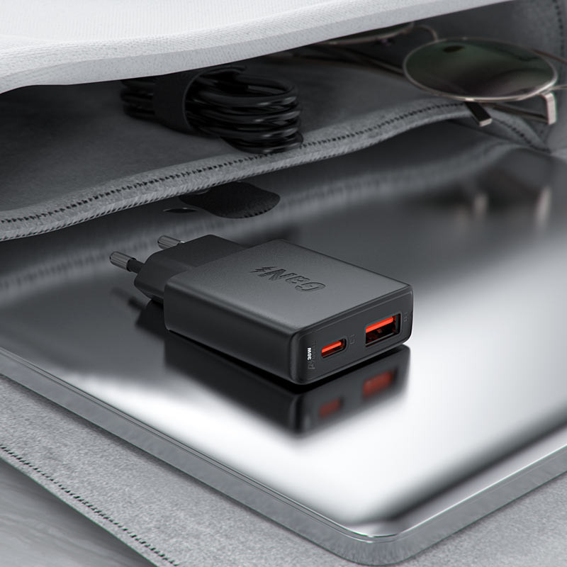 Мережевий зарядний пристрій Acefast A69 PD 30W GaN (USB-C + USB-A) Black