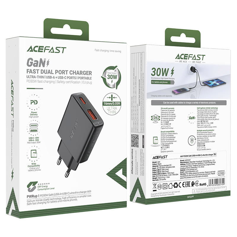 Мережевий зарядний пристрій Acefast A69 PD 30W GaN (USB-C + USB-A) Black