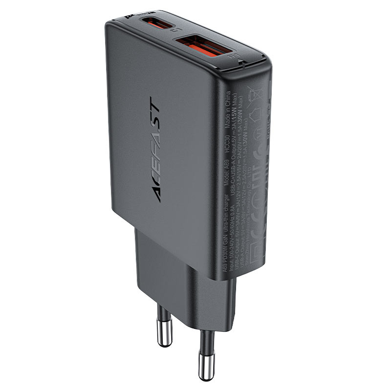 Мережевий зарядний пристрій Acefast A69 PD 30W GaN (USB-C + USB-A) Black