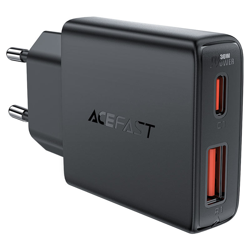 Мережевий зарядний пристрій Acefast A69 PD 30W GaN (USB-C + USB-A) Black