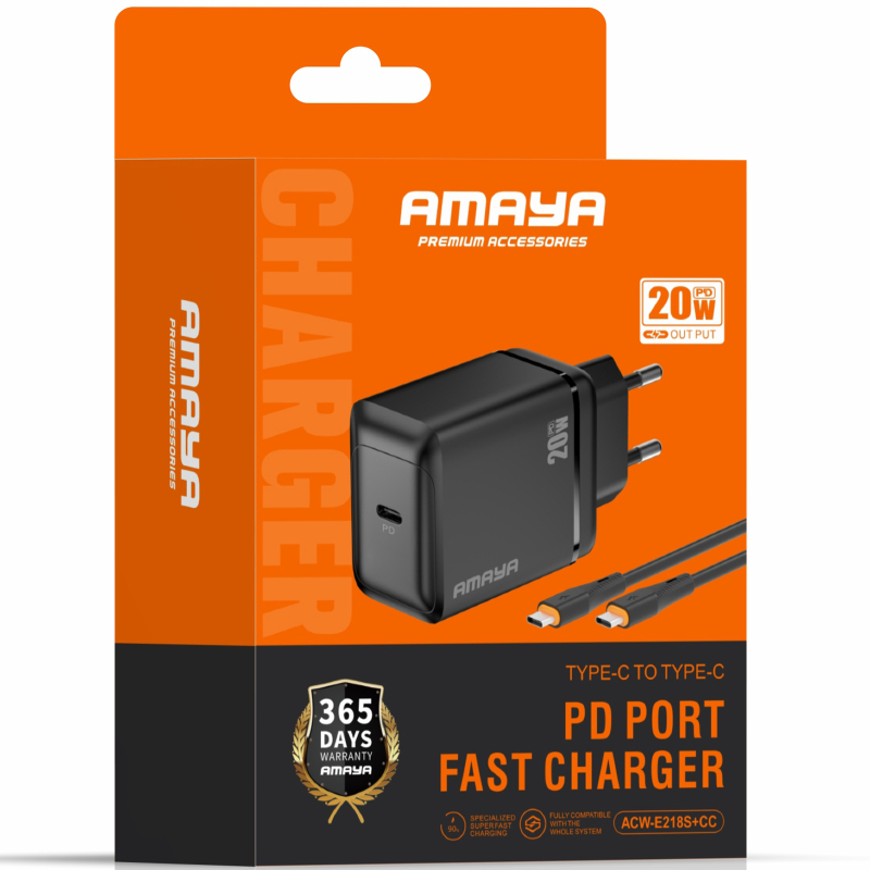 Мережевий зарядний пристрій Amaya E218S PD 20W + QC 3.0 (1×USB-C) + кабель USB-C → USB-C Black