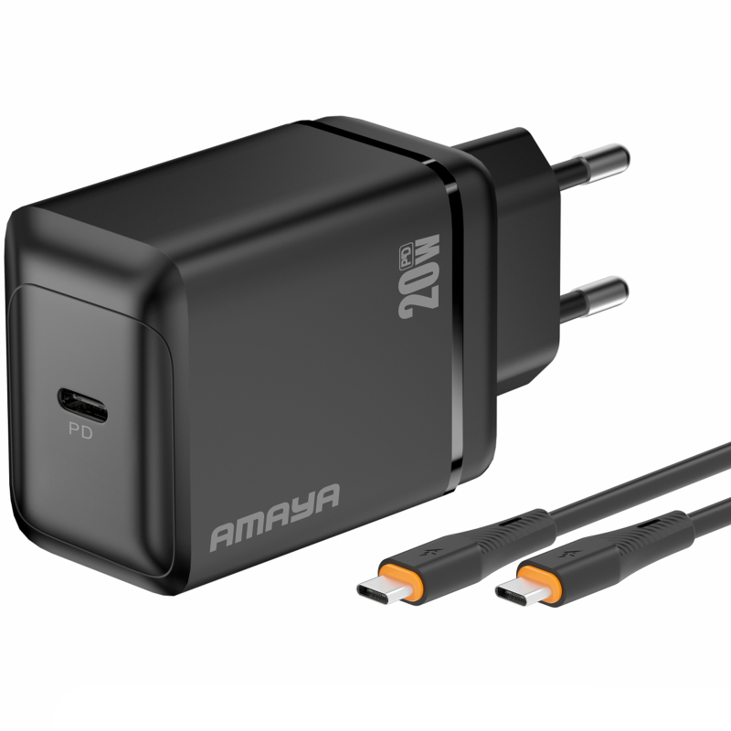 Мережевий зарядний пристрій Amaya E218S PD 20W + QC 3.0 (1×USB-C) + кабель USB-C → USB-C Black