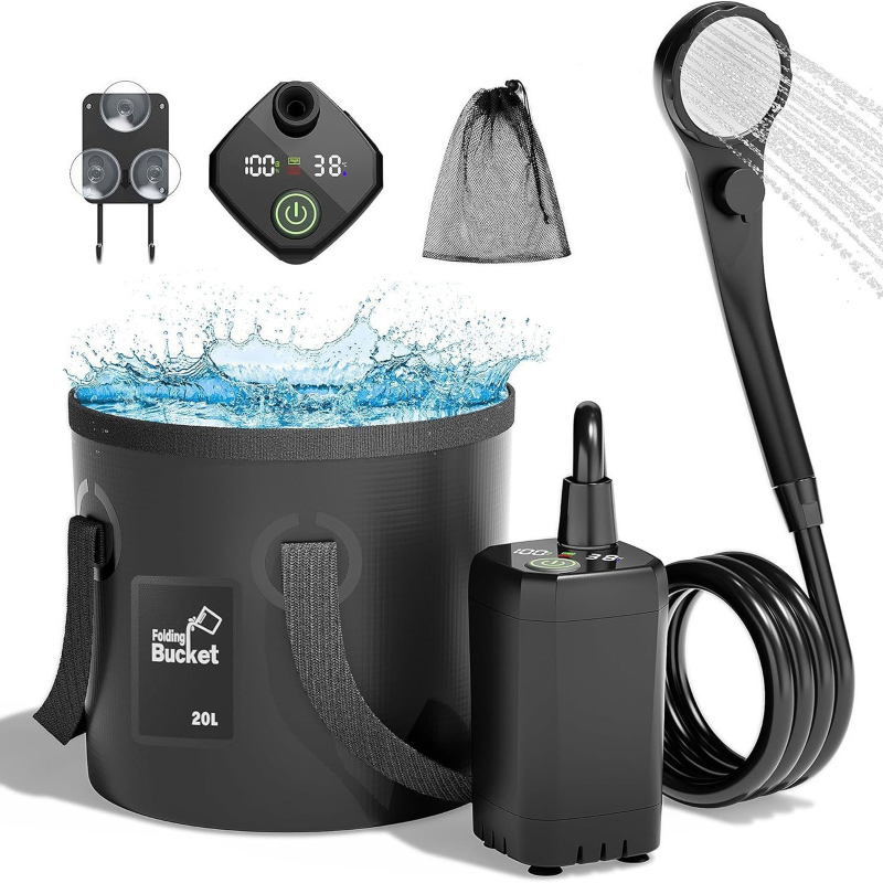 Портативний душ Spopal Pro Water Temp and Battery Level Indicator 6000 mAh + bucket 20L (USB-C) Black